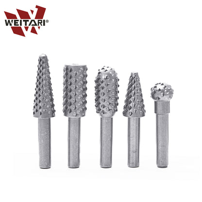 WEITARI 5pcs Rotary File Burr Cutter, Router Bits Woodworking File Rasp Chisel Drill Bit Rotary Cutting Burr Set with 1/4 Inch Shank for DIY Carving, Polishing, Engraving and Drilling