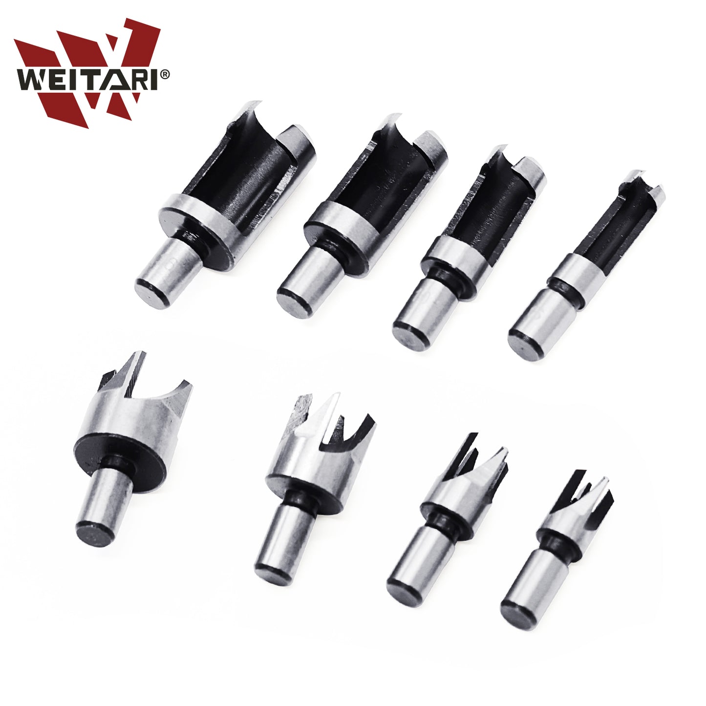 WEITARI 8Pcs Wood Plug Cutter Drill Bit Set Carbon Steel Titanium Coated Woodworking Chamfer Drill Bits Straight and Tapered Taper 5/8" 1/2" 3/8" 1/4" Cutting Tool