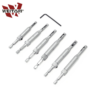 WEITARI 7pcs Self Centering Drill Bit with Hex Key, Hinge Set Tools Hole Alignment Bits 5/64'' 7/64'' 9/64'' 11/64'' 13/64'' 5mm 1/4'' for Woodworking Steel Metal