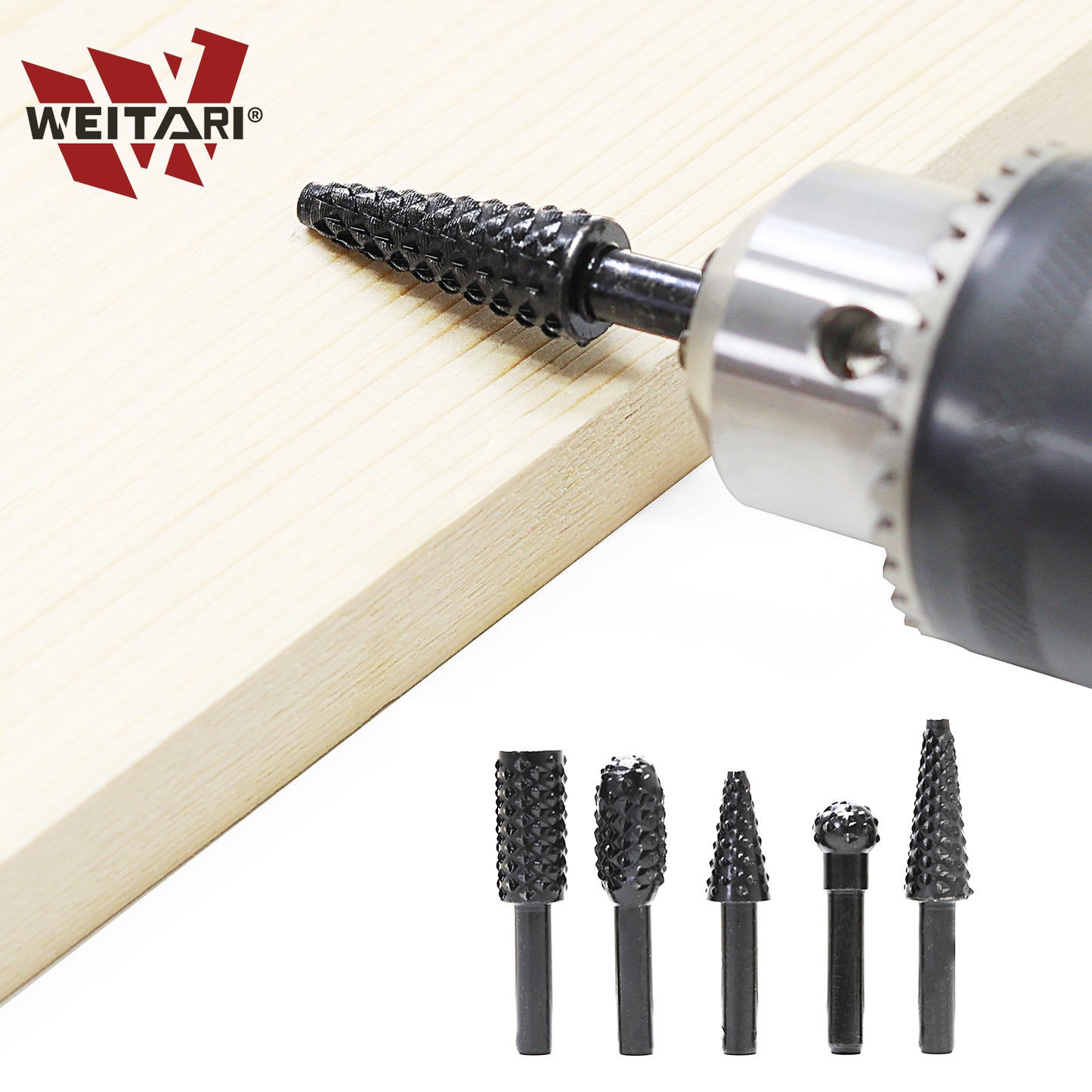 WEITARI 5pcs Rotary File Burr Cutter, Router Bits Woodworking File Rasp Chisel Drill Bit Rotary Cutting Burr Set with 1/4 Inch Shank for DIY Carving, Polishing, Engraving and Drilling