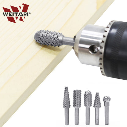 WEITARI 5pcs Rotary File Burr Cutter, Router Bits Woodworking File Rasp Chisel Drill Bit Rotary Cutting Burr Set with 1/4 Inch Shank for DIY Carving, Polishing, Engraving and Drilling