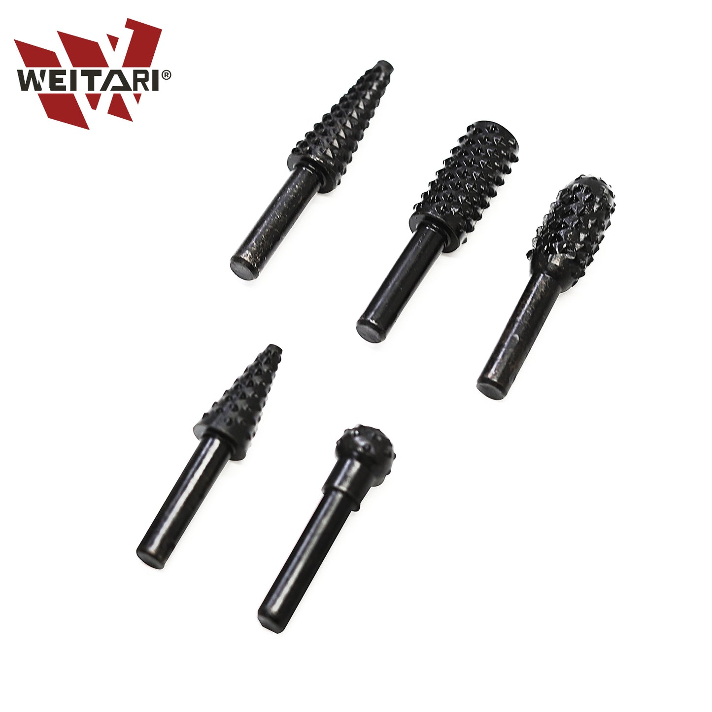 WEITARI 5pcs Rotary File Burr Cutter, Router Bits Woodworking File Rasp Chisel Drill Bit Rotary Cutting Burr Set with 1/4 Inch Shank for DIY Carving, Polishing, Engraving and Drilling