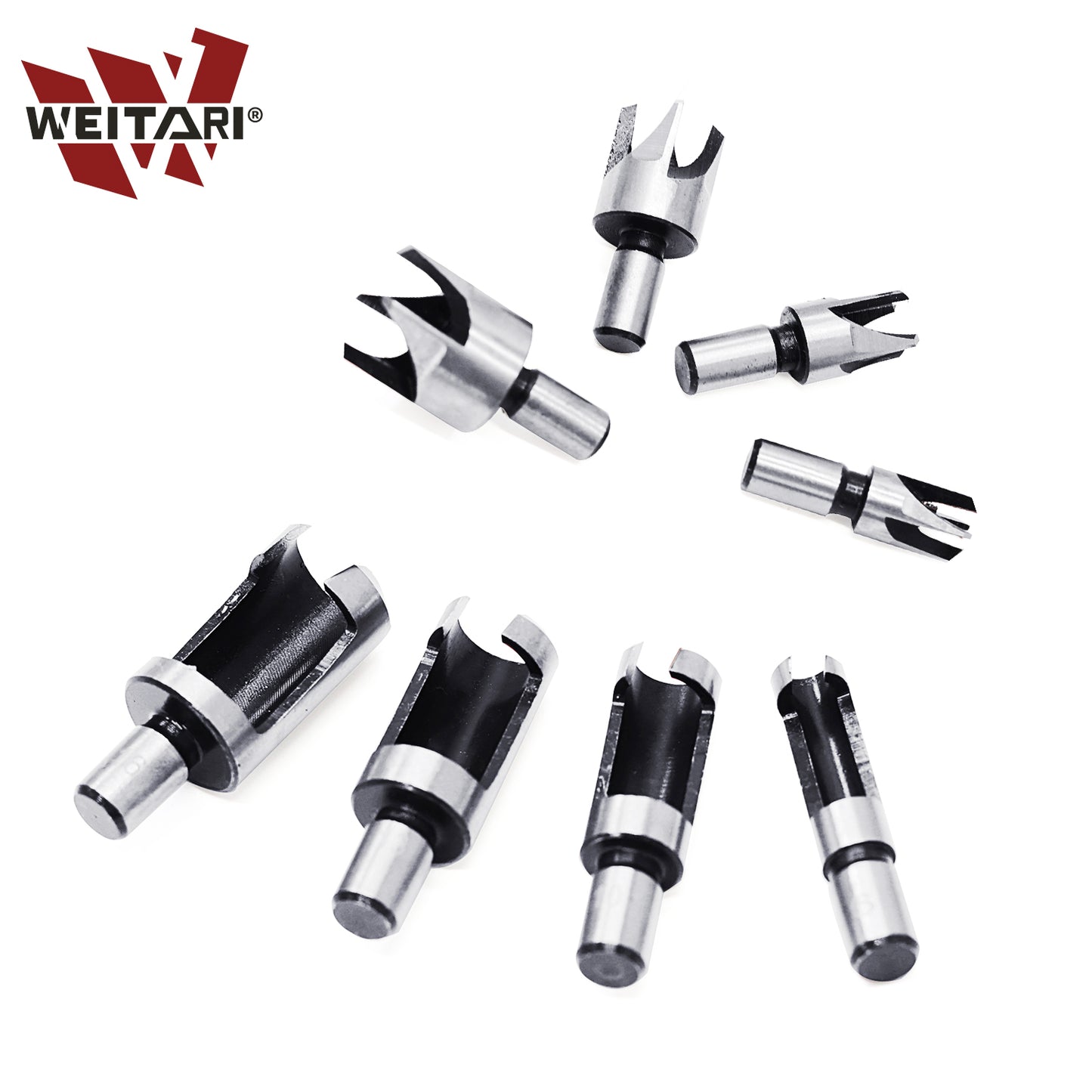 WEITARI 8Pcs Wood Plug Cutter Drill Bit Set Carbon Steel Titanium Coated Woodworking Chamfer Drill Bits Straight and Tapered Taper 5/8" 1/2" 3/8" 1/4" Cutting Tool