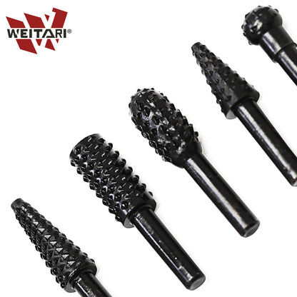 WEITARI 5pcs Rotary File Burr Cutter, Router Bits Woodworking File Rasp Chisel Drill Bit Rotary Cutting Burr Set with 1/4 Inch Shank for DIY Carving, Polishing, Engraving and Drilling