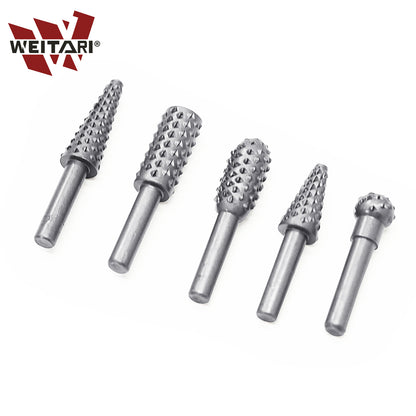 WEITARI 5pcs Rotary File Burr Cutter, Router Bits Woodworking File Rasp Chisel Drill Bit Rotary Cutting Burr Set with 1/4 Inch Shank for DIY Carving, Polishing, Engraving and Drilling