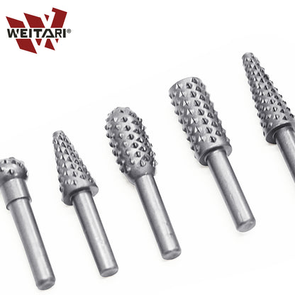 WEITARI 5pcs Rotary File Burr Cutter, Router Bits Woodworking File Rasp Chisel Drill Bit Rotary Cutting Burr Set with 1/4 Inch Shank for DIY Carving, Polishing, Engraving and Drilling