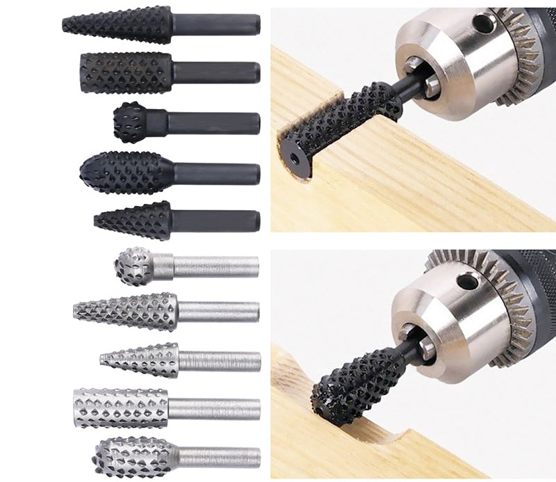 WEITARI 5pcs Rotary File Burr Cutter, Router Bits Woodworking File Rasp Chisel Drill Bit Rotary Cutting Burr Set with 1/4 Inch Shank for DIY Carving, Polishing, Engraving and Drilling