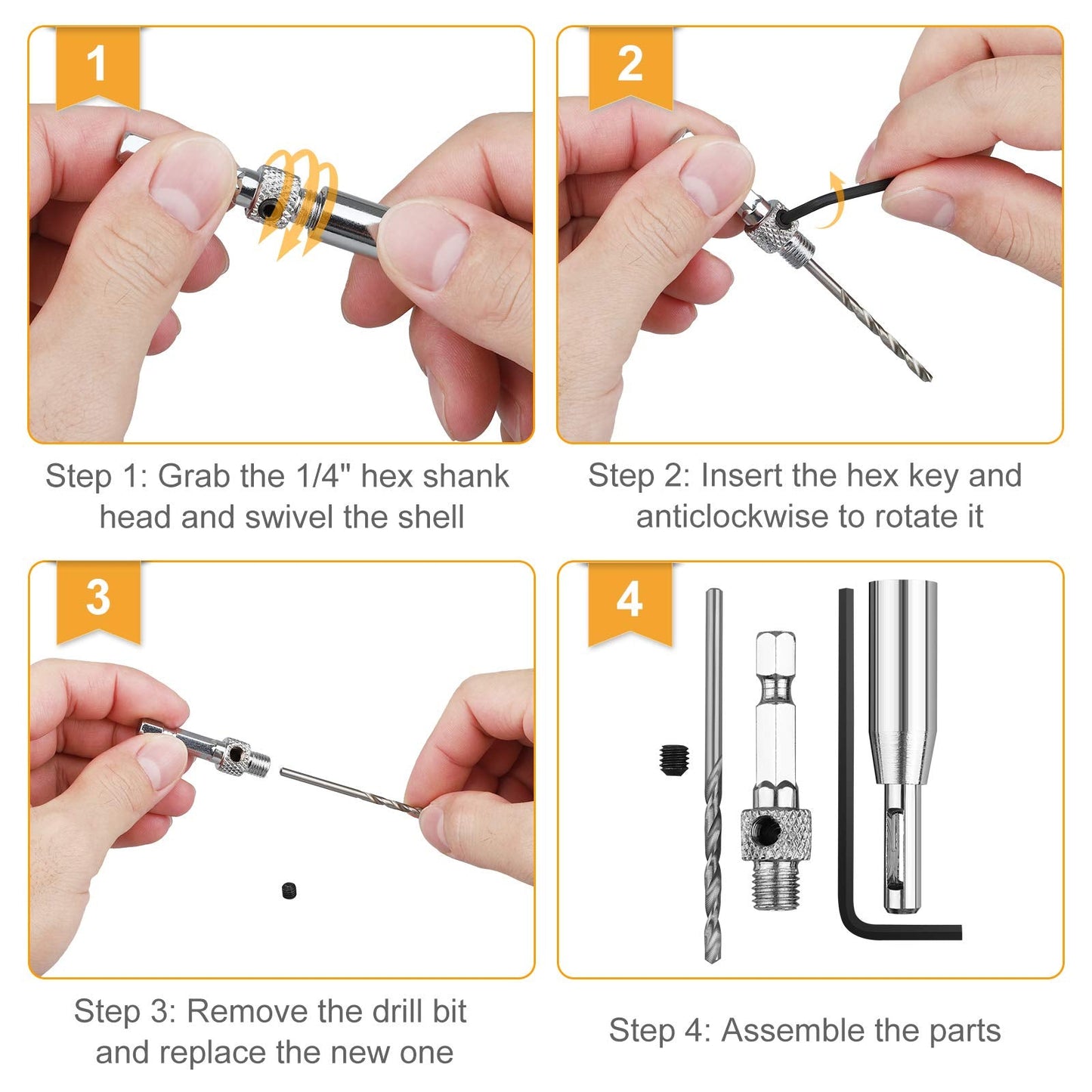 WEITARI 7pcs Self Centering Drill Bit with Hex Key, Hinge Set Tools Hole Alignment Bits 5/64'' 7/64'' 9/64'' 11/64'' 13/64'' 5mm 1/4'' for Woodworking Steel Metal