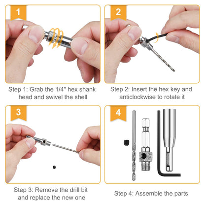 WEITARI 7pcs Self Centering Drill Bit with Hex Key, Hinge Set Tools Hole Alignment Bits 5/64'' 7/64'' 9/64'' 11/64'' 13/64'' 5mm 1/4'' for Woodworking Steel Metal