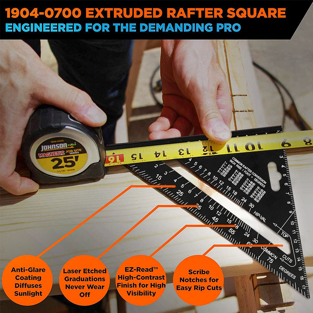 WEITARI 7 inch Rafter Square Triangle Ruler Angle Ruler Aluminum Alloy Double Scale Carpenter Triangle Square Rafter Tool Mensurement Tool for Woodworking and Carpentry