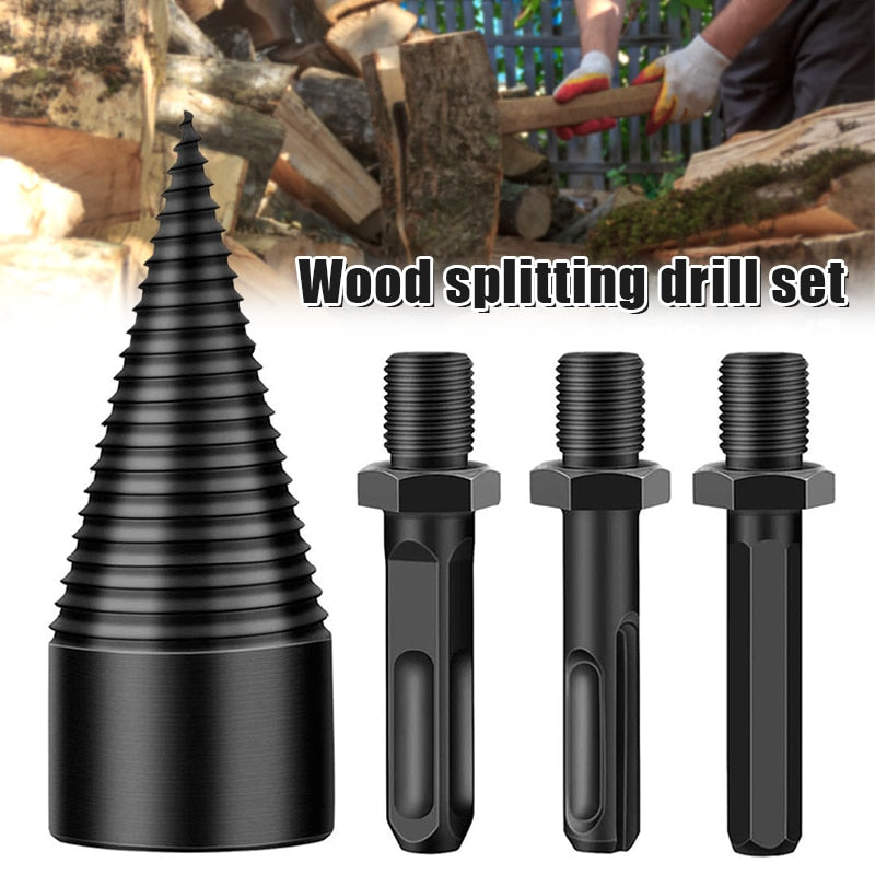 WEITARI Firewood Log Splitter, 3pcs Drill Bit Removable Cones Kindling Wood Splitting logs bits Heavy Duty Electric Drills Screw Cone Driver Hex + Square + Round 32mm/1.26inch