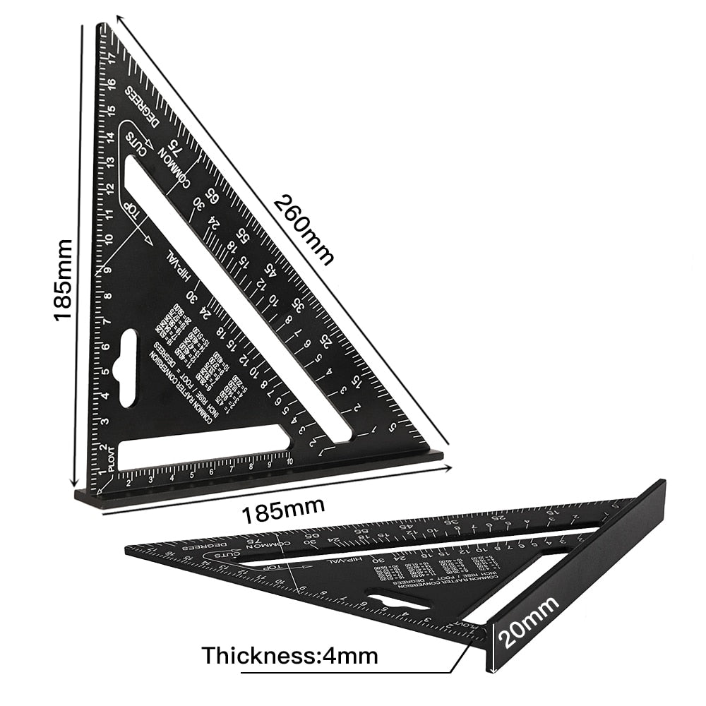 WEITARI 7 inch Rafter Square Triangle Ruler Angle Ruler Aluminum Alloy Double Scale Carpenter Triangle Square Rafter Tool Mensurement Tool for Woodworking and Carpentry