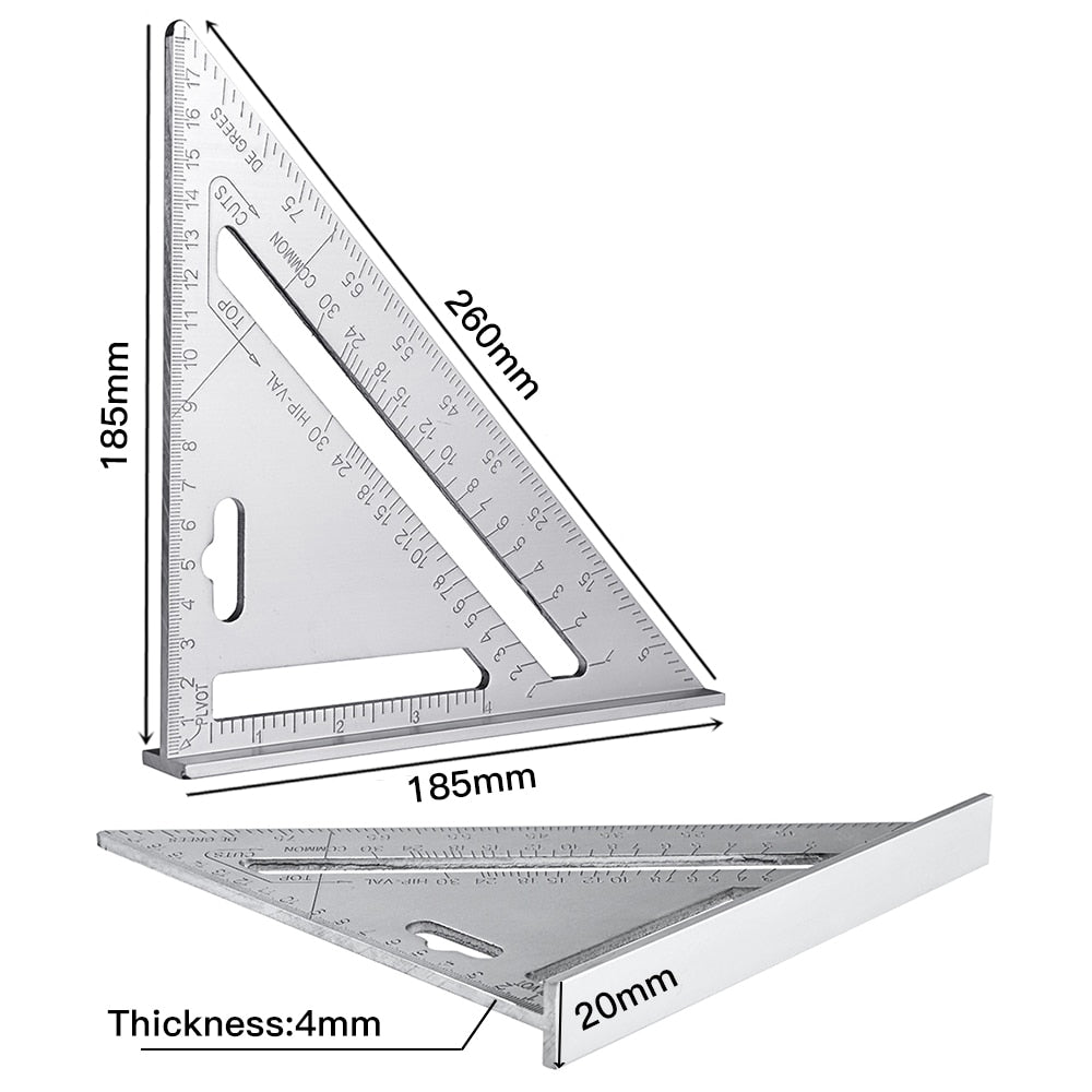 WEITARI 7 inch Rafter Square Triangle Ruler Angle Ruler Aluminum Alloy Double Scale Carpenter Triangle Square Rafter Tool Mensurement Tool for Woodworking and Carpentry